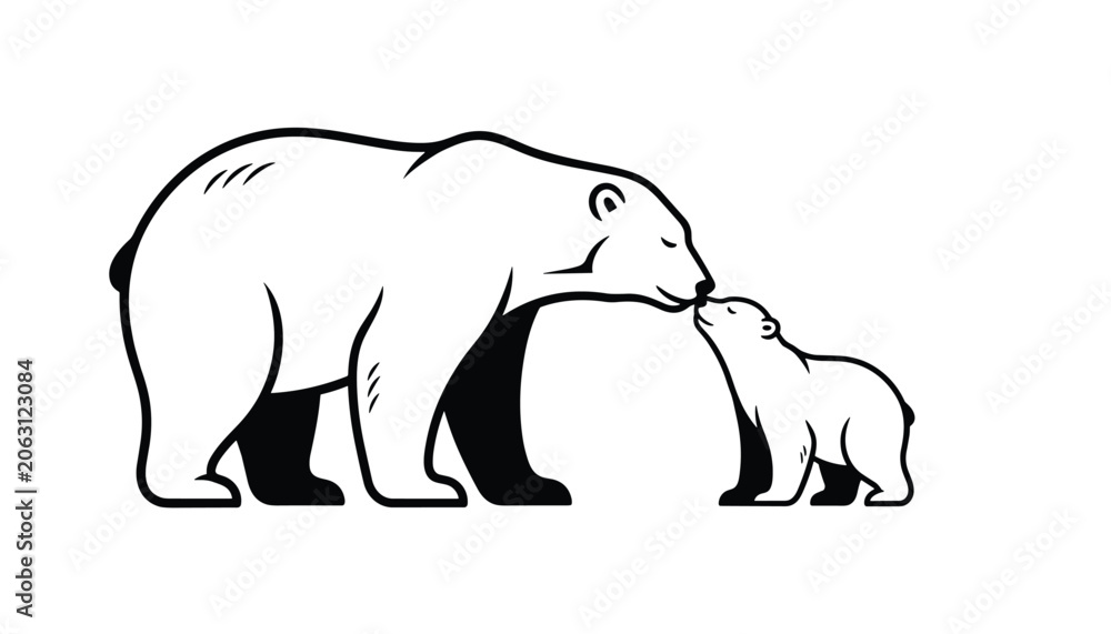 Fototapeta premium Loving mother polar bear and her small cub stand nose to nose in a minimalist black and white silhouette.