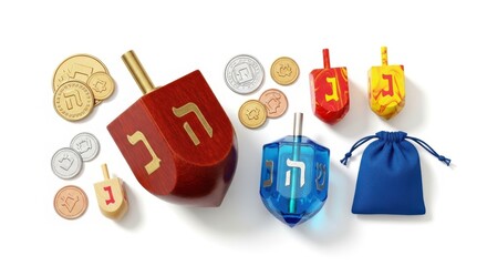 Happy Hanukkah Dreidels and Gelt - Jewish Holiday Celebration Symbols