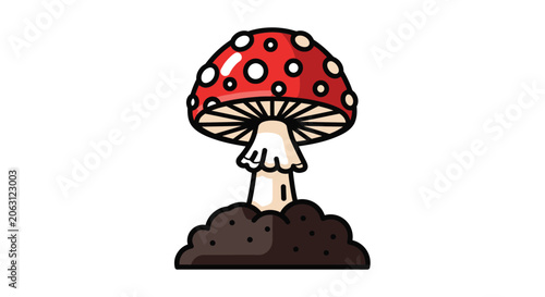 Konstfotografi A vibrant red mushroom with white spots rests on soil depicted as a colorful vec