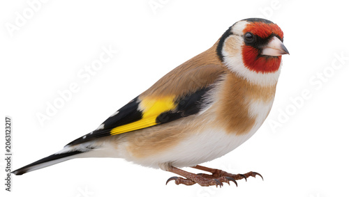 Foto European Goldfinch bird with red face and yellow wing stripe