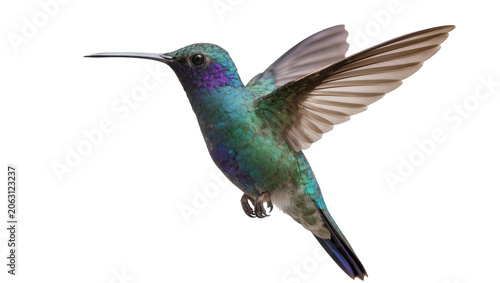 Vászonkép Hummingbird with iridescent green and purple plumage in flight