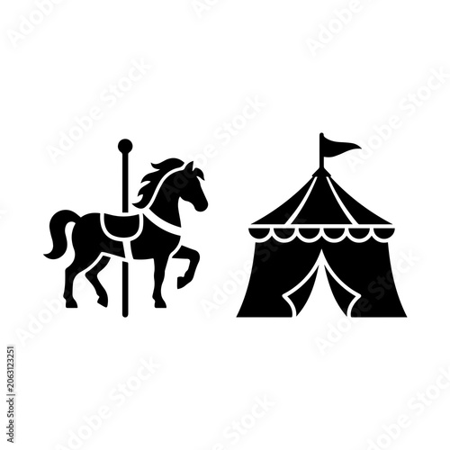 Carousel horse and circus tent icon set with carousel fairground carnival