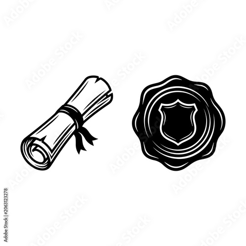 Scroll and wax seal icon vector illustration set with certificate, document