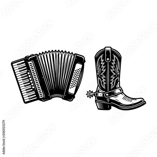 Accordion and cowboy boot with spur icon set accordion instrument footwear