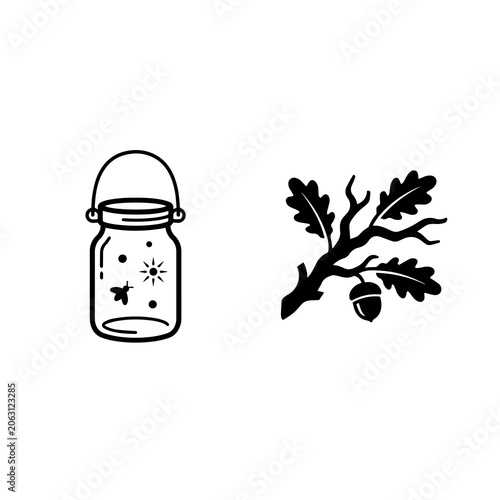 Firefly jar and oak leaf acorn graphic set with botanical wildlife isolated