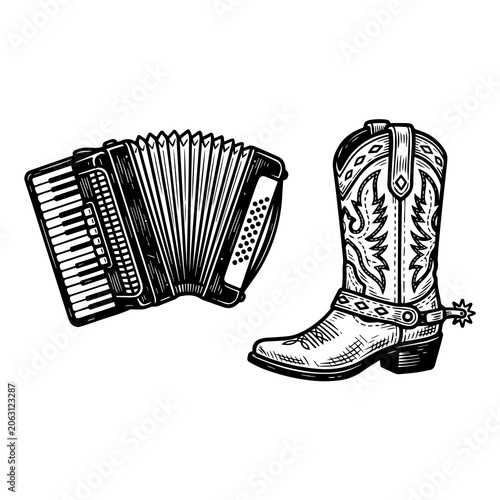Accordion and cowboy boot western music graphic icon with accordion, instrument