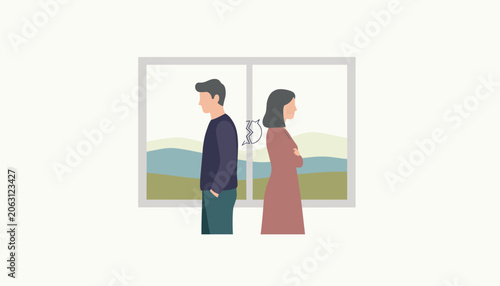 Man and woman standing back to back with a cracked speech bubble symbolizing relationship conflict and breakdown of communication.