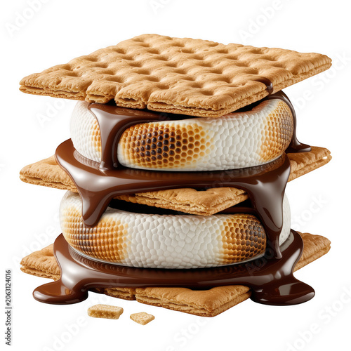 A delicious double layered s'more with toasted marshmallows, melted dark chocolate, and crispy graham crackers on a white background, for food