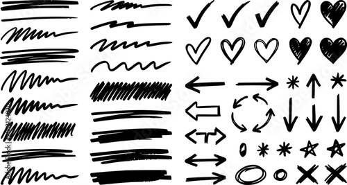 Hand drawn marker strokes. black marker stroke lines, markers stripes and highlight elements, permanent marker signs vector illustration set as check marks, heart, arrow with various direction