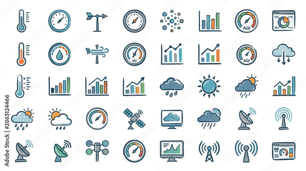 Fototapeta premium Weather Icons Collection Representing Meteorology And Climate.