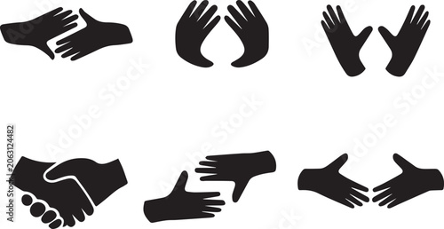 Minimalist black hand silhouettes set, 6 vector icons of human hands in various gestures, handshake and supportive palm symbols for community and partnership branding