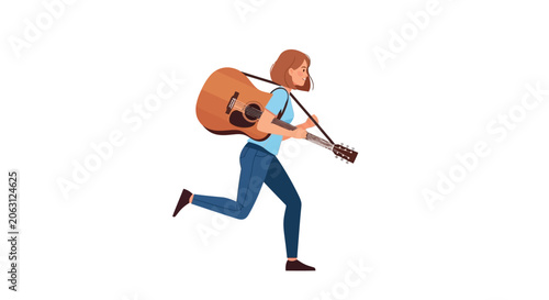 Foto Woman carrying a guitar on her back flat vector illustration with a white silhou