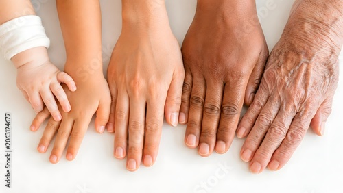Photos Close-up of four diverse hands representing different generations and skin tones, from baby to elderly, symbolizing family, connection, and the passage of time