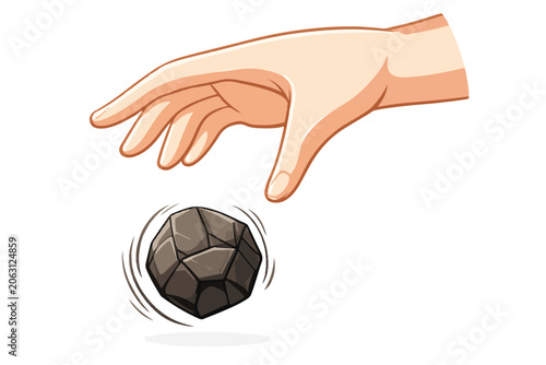 Cartoon hand dropping a stone, human hand releasing a grey rock vector illustration, falling pebble with motion lines, isolated hand gesture throwing a stone on white background