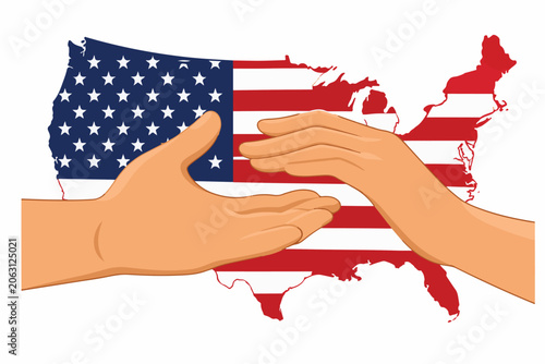 American flag map with reaching hands, patriotic United States of America silhouette vector, unity and support concept for US national holidays and community aid programs