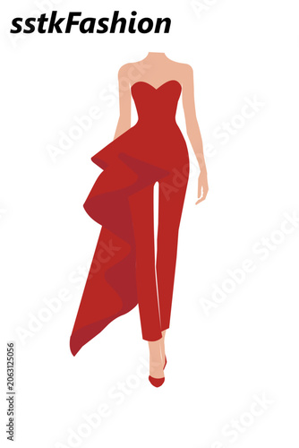 Woman wearing a red jumpsuit with a ruffled asymmetrical train and heels fashion. Resizable and Editable. EPS, 10.