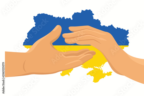 Ukraine map with helping hands in national flag colors, humanitarian aid and support concept vector, blue and yellow Ukrainian territory silhouette with caring human palms