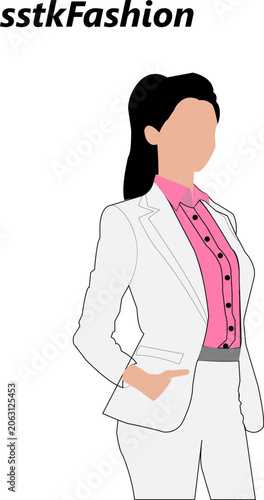 Businesswoman wearing white suit and pink shirt on white background woman female professional. Resizable and Editable. EPS, 10.