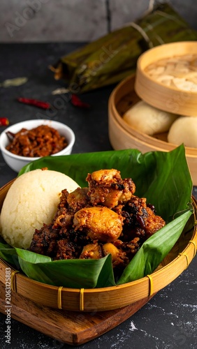 Savory dish with steamed rice and herbs