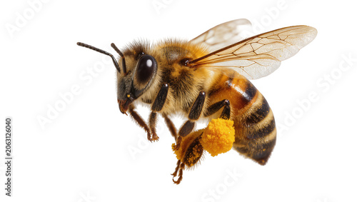 Bild auf Leinwand Honey bee with pollen baskets on legs flying