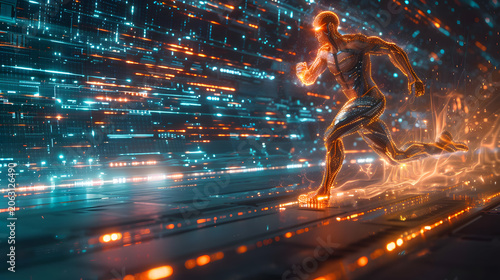 Futuristic Illustration of AI Cyborg Runner Sprinting in High-Tech Stadium, Holographic Displays, Dynamic Motion and Energy

