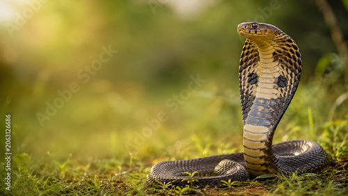 King cobra snake with raised hood in a sunny grassy field