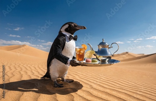 Surreal penguin serving tea in tuxedo on silver tray in hot desert dunes whimsical event unique beverage presentation outdoor scene humorous concept