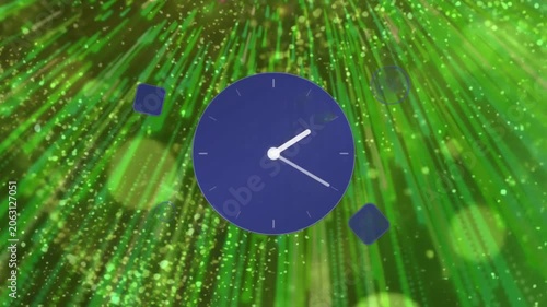 Blue clock face animation with abstract green light streak background