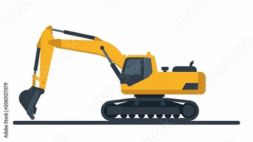 Tracking slow motion pan of excavator articulating arm scooping and lowering bucket along ground line on white studio backdrop in neutral industrial setting