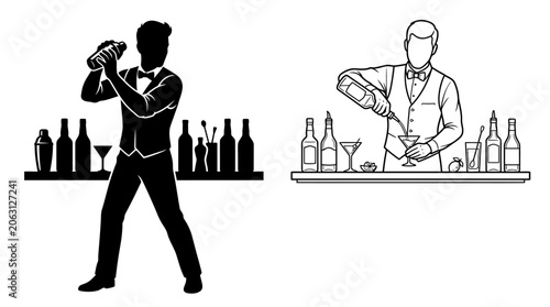 Bartender Silhouette And Line Art Illustration With Barware