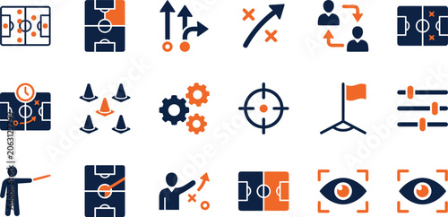 Cuadro en lienzo Soccer tactics and football coaching icons set with field strategy playbook trai