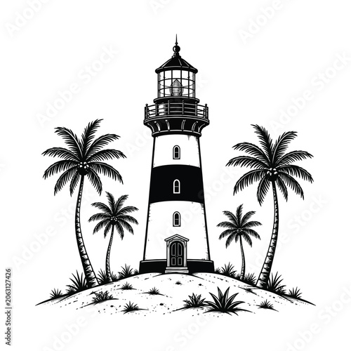 Coastal lighthouse with palm trees