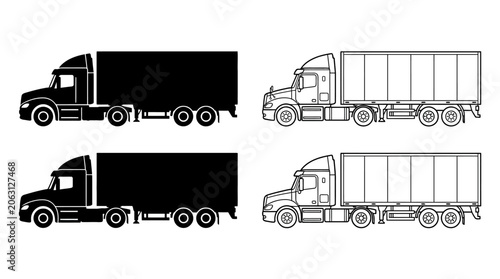 Foto Semi truck Silhouette And Outline On White Background