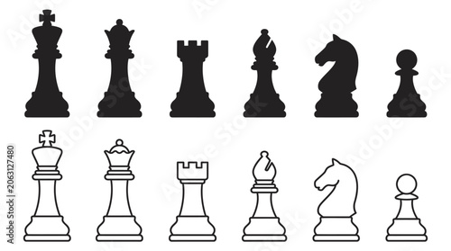 Photos Chess Pieces In Silhouette And Line Art Style On White Background