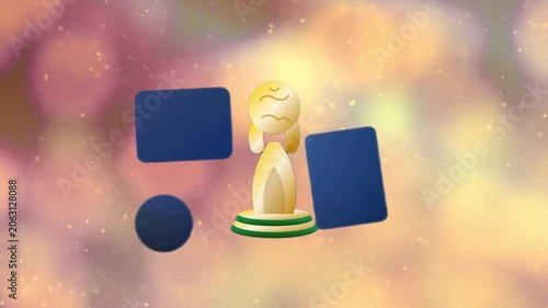 Golden Trophy Award with Blank Blue Placeholders on Bokeh Background