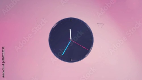 Minimalist dark wall clock ticking on a soft abstract pink background