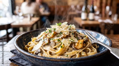 Dolly in closeup tracking shot of steaming pasta bowl being served on wooden restaurant table with melted cheese and mushrooms warm daytime dining scene