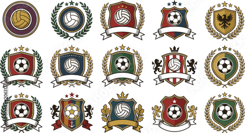 Fotografía Vintage soccer heraldry badges and football club shield emblems set with laurel