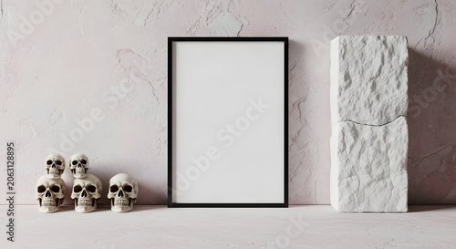Minimalist interior mockup with a black picture frame, five small decorative skulls, and a textured white stone block on a pink surface