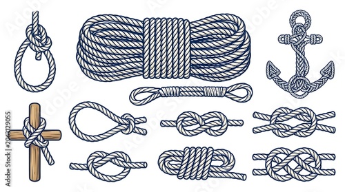 Illustrations of various knots and coiled ropes
