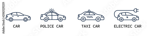 Car icon set with sedan police taxi and electric vehicle