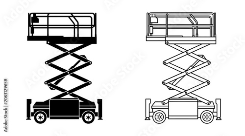 Scissor Lift Illustration Black And White Line Art On White Background