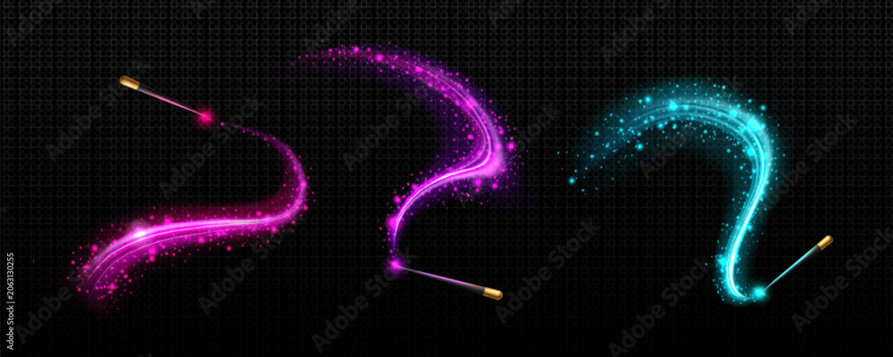 Naklejka premium Magical wand with glowing sparkles and light trails, realistic vector set on transparent background. Fairy spell effect, shimmering stars and particles, and luminous swirls, enchanting atmosphere