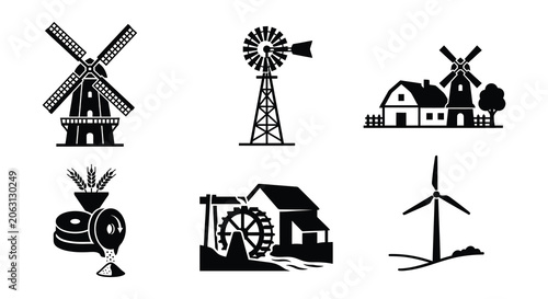 Cuadro en lienzo Collection Of Black Silhouette Icons Featuring Windmills And Rural Scenes