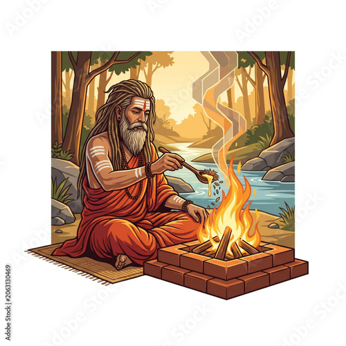 Sadhu by the Fire: A wise Sadhu, clad in saffron robes with long flowing hair and beard, meditates by a sacred fire, with a river flowing gently behind him in a tranquil forest setting.