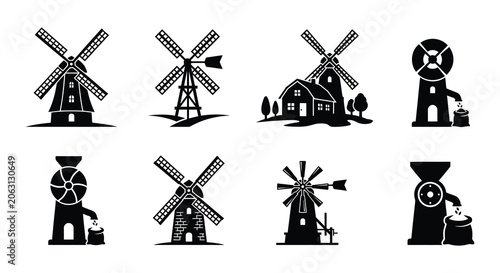 Foto Collection Of Black Silhouette Icons Featuring Windmills And Rural Scenes
