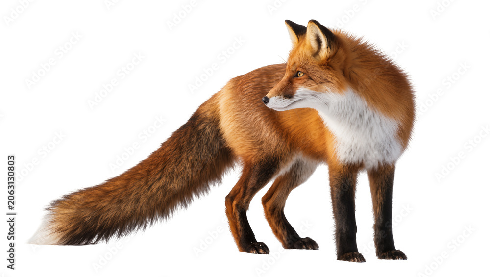Fototapeta premium Red fox with bushy tail standing on white
