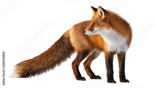 Red fox with bushy tail standing on white