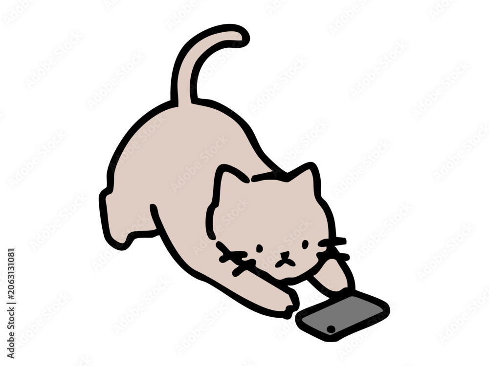 Fototapeta premium スマートフォンを見ながら伸びをしているかわいい猫のイラスト