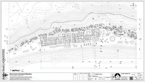 Urban development plan with detailed layouts and infrastructure in black and white for construction projects